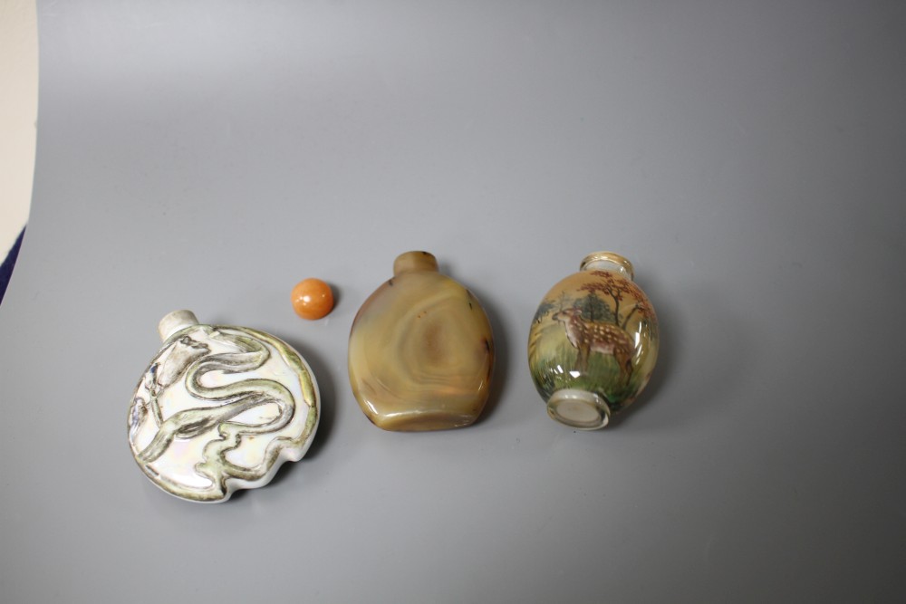 Two Chinese snuff bottles: agate and internally painted glass and a European porcelain scent flask